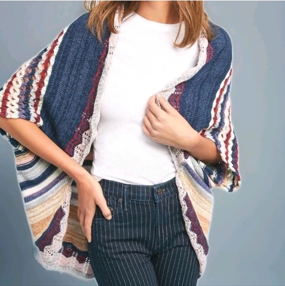 Moth Cocoon Wrap Sweater Woman Large Colorful Striped Crochet Knit Coastal Boho